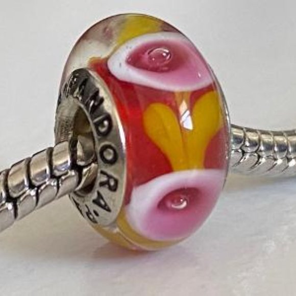 PANDORA Silver 925 ALE Murano Glass Screw Core Pink, Yellow, Red  Flower Blossom - Picture 3 of 8